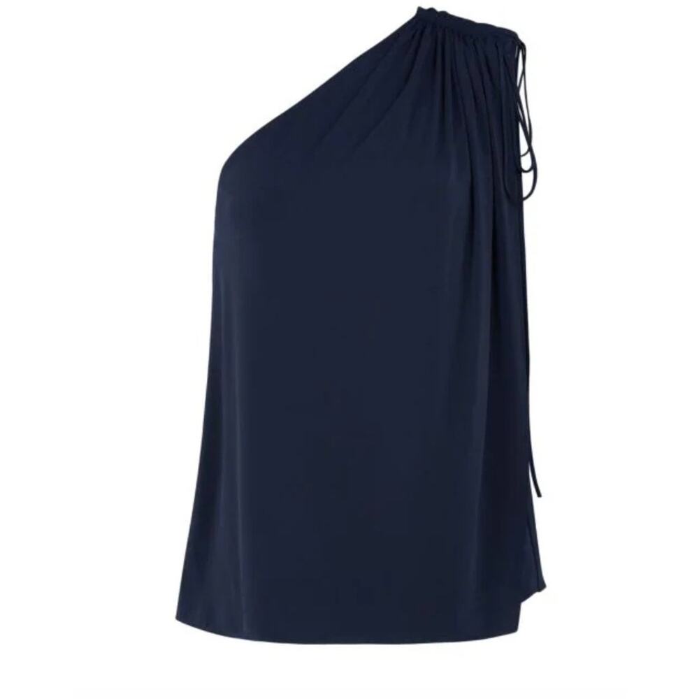 Halston Nathalie Jersey Draped One Shoulder Navy Top XL